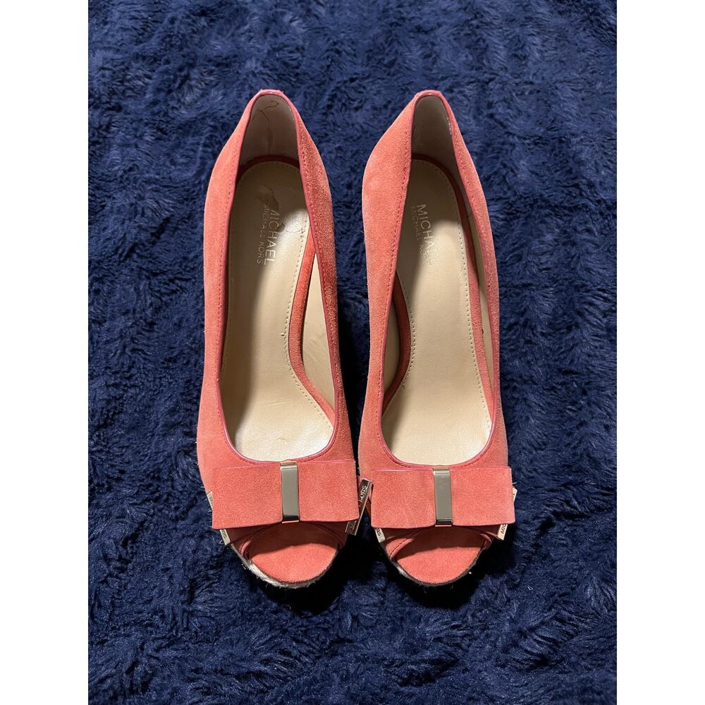 Michael Kors Coral Suede Wedge Espadrilles 6.5 Peep Toe Bow NWT - Picture 2 of 9